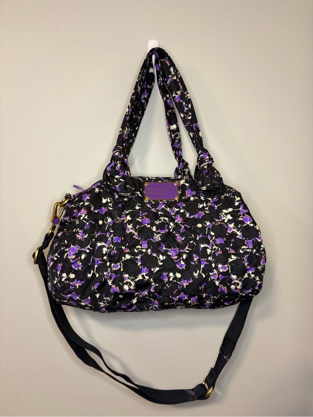 Marc by Marc Jacobs, Black&Purple Floral Quilted Nylon Tote. Shoulder/Crossbody